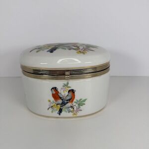 Vintage Porcelain Trinket Box Decorative Birds Flowers Gold Trim Hinged Lid